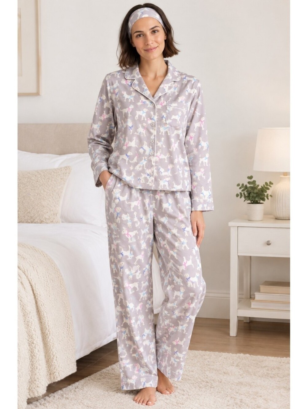 $78 Karen Neuburger Winter Dog Print Soft Fleece Long Sleeve 3-Piece Pajama Set